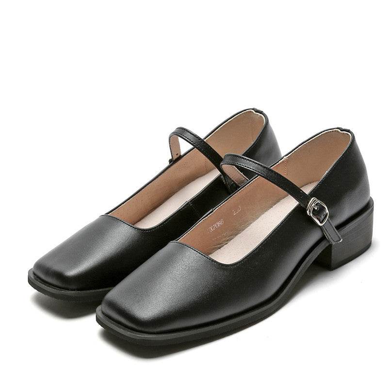 Women's Vintage Mary Jane Leather Square Toe Shoes - Mubimart