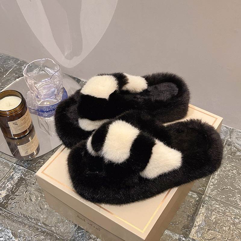 Cross-strap Fuzzy Slippers With 5cm Heel Shoes Women Fashion Winter Indoor Plush House Shoes - Mubimart