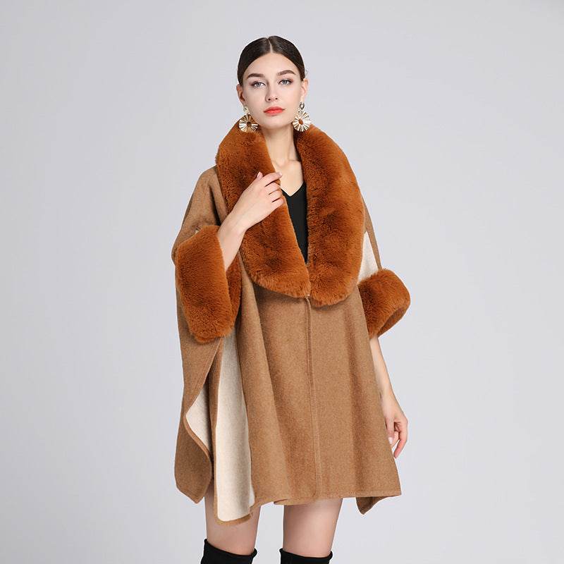 Imitation Rex Rabbit Fur Collar Cape And Shawl Women's Plus Size Loose Woolen Coat - Mubimart
