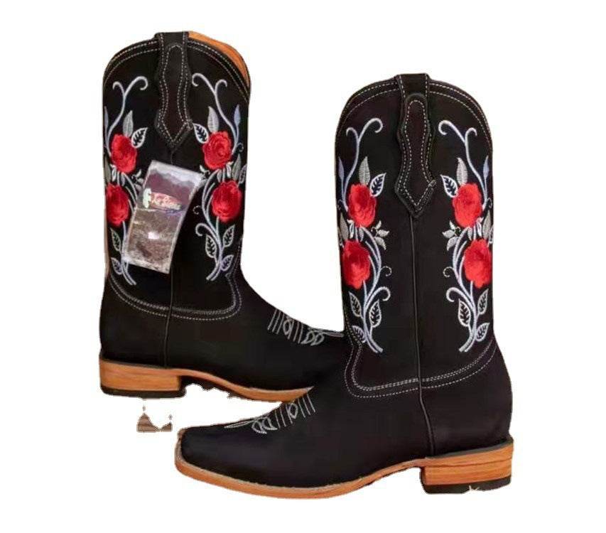 Square Toe Mid Heel Square Heel Rose Fashion Boots - Mubimart