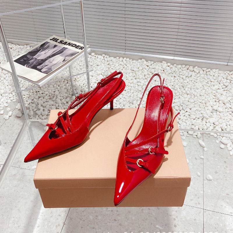 French Style Pointed Toe Kitten Heel Sandals Closed Toe Back Strap High Heels Belt Buckle - Mubimart