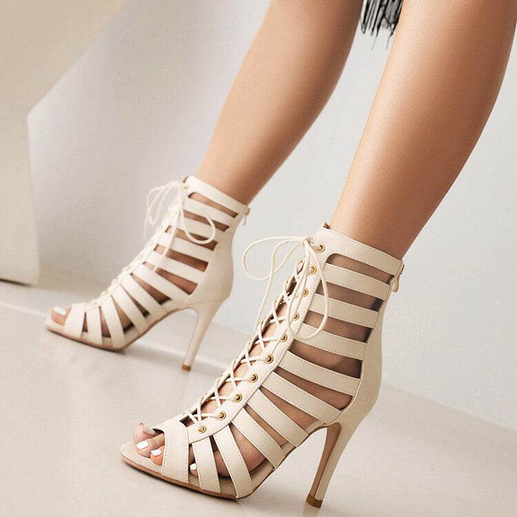 Summer Open Toed High Heel Lace-up Sandal Boots - Mubimart