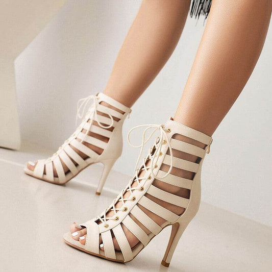 Summer Open Toed High Heel Lace-up Sandal Boots - Mubimart