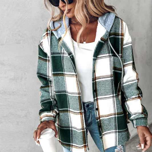 Plaid Hooded Jacket Fashion Casual Button Pocket Coat Autumn And Winter Women's Clothing