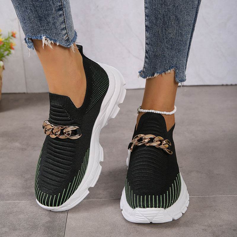 Fashion Chain Design Mesh Shoes For Women Breathable Casual Soft Sole Walking Sock Slip On Flat Shoes - Mubimart
