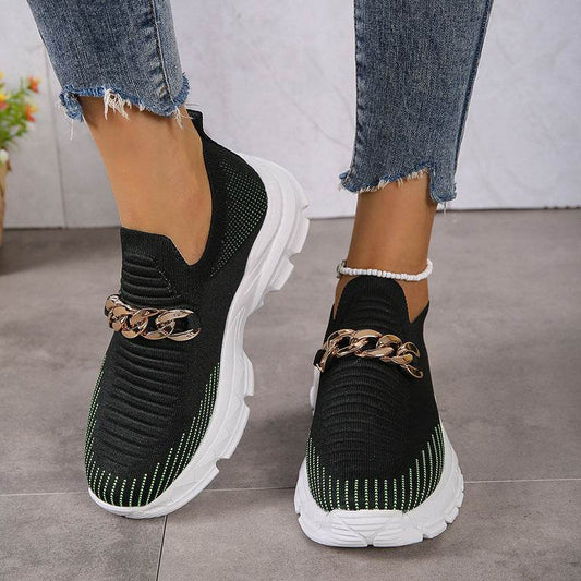 Fashion Chain Design Mesh Shoes For Women Breathable Casual Soft Sole Walking Sock Slip On Flat Shoes - Mubimart