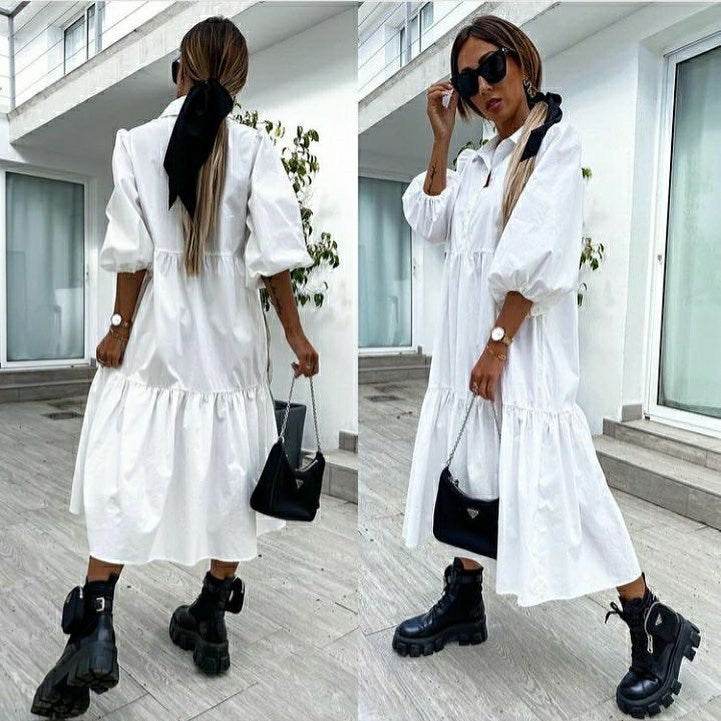 Shirt Lapel Plus Size Loose Swing Dress - Mubimart