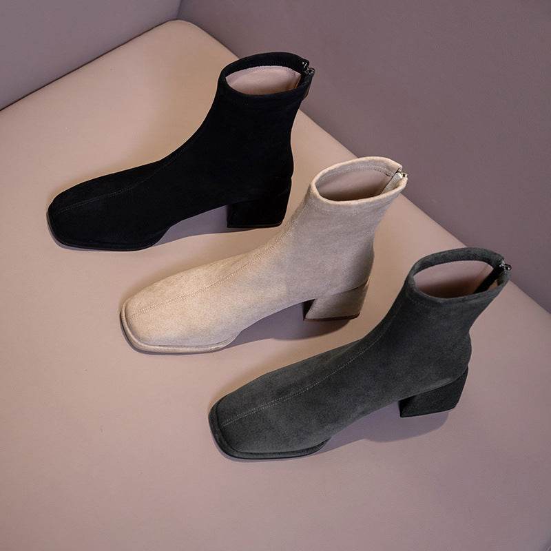 Women's Square Toe Thick Heel Stretch Short Boots - Mubimart