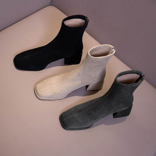 Women's Square Toe Thick Heel Stretch Short Boots - Mubimart
