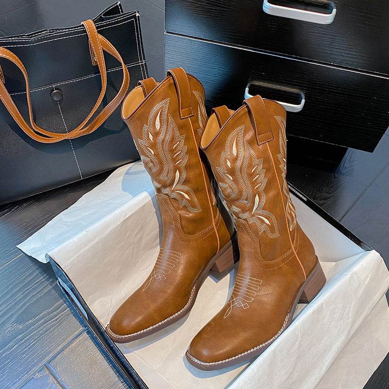 Women's Mid-calf Embroidered Martin Boots - Mubimart