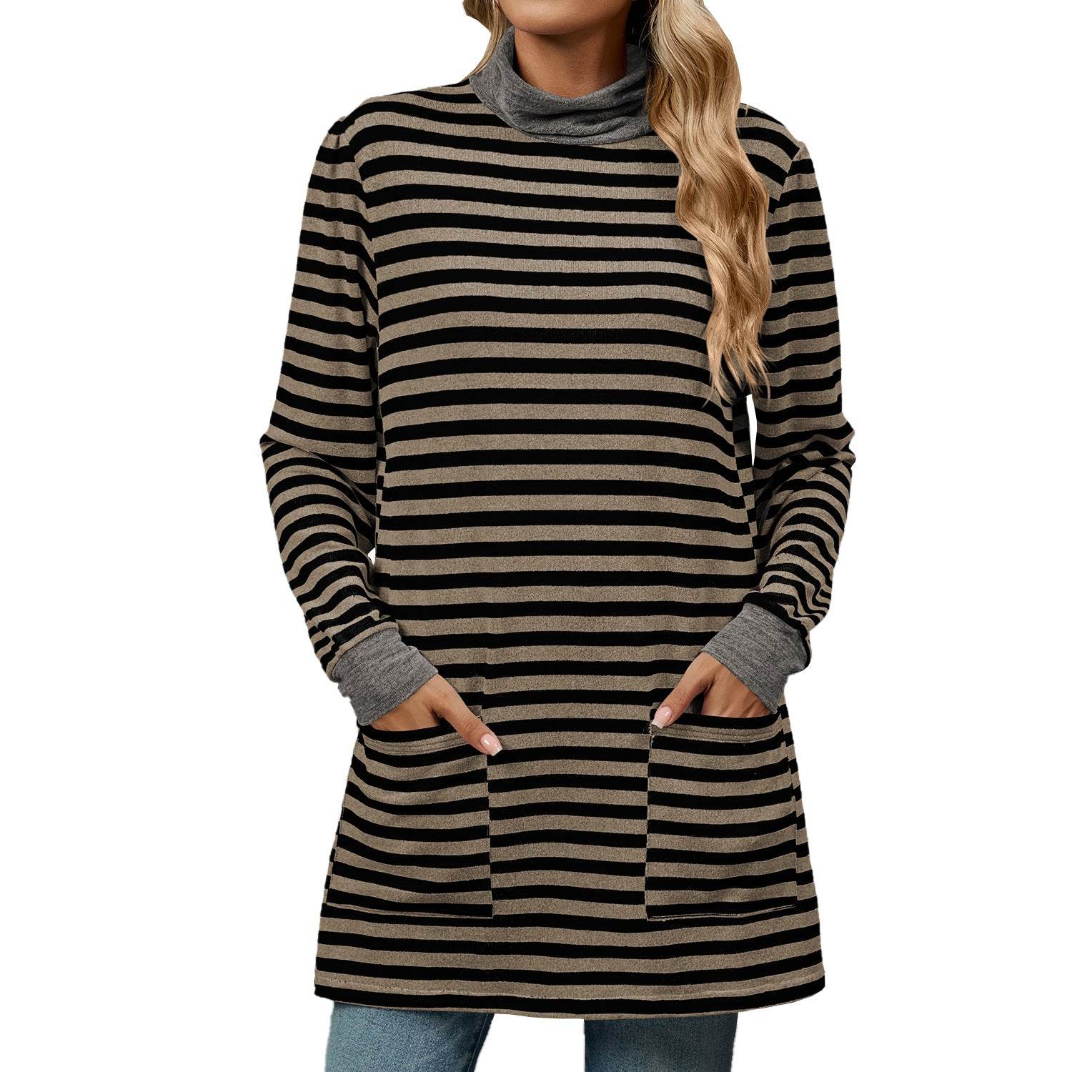 Fashion Striped Print Long Sweatshirt With Pocket Loose Long Sleeve Pullover T-shirt Top For Womens Clothing - Mubimart