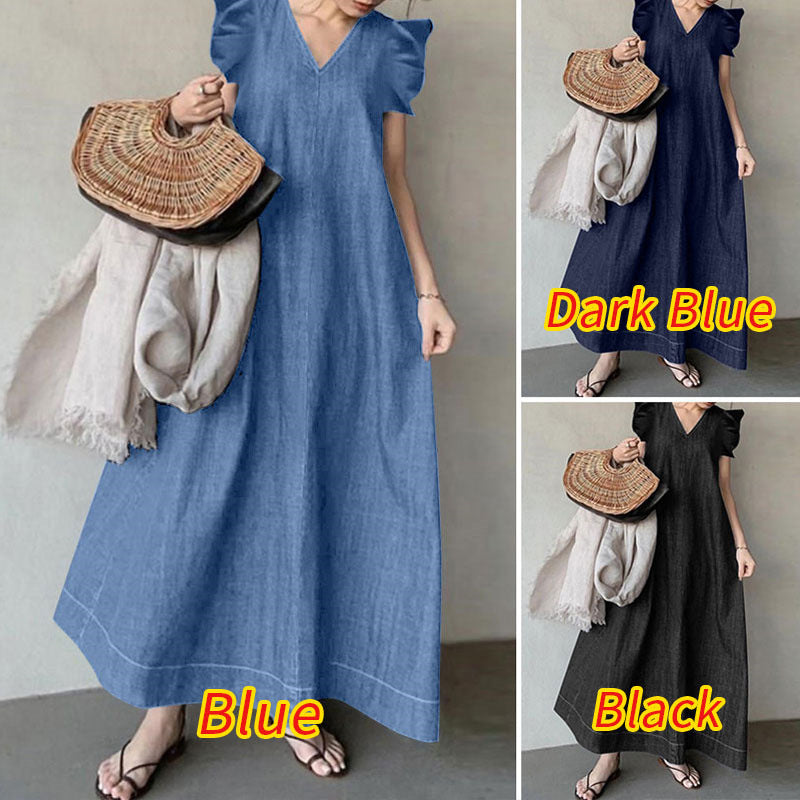 Denim Solid Color V-neck Bohemian Loose Large Size Long Dress - Mubimart -  