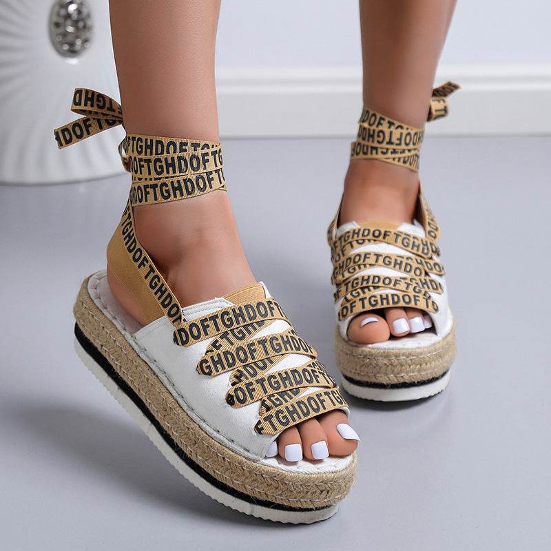 Women's Woven Thick Espadrille Lace-up Casual Shoes - Mubimart