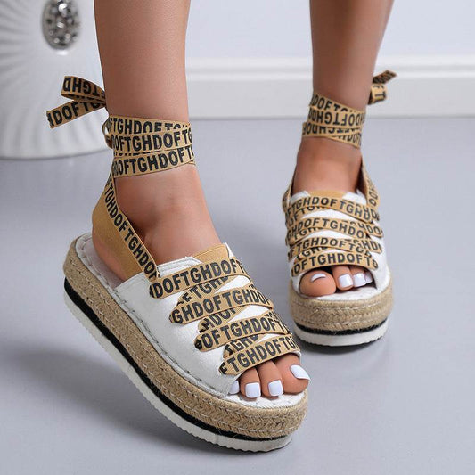 Women's Woven Thick Espadrille Lace-up Casual Shoes - Mubimart