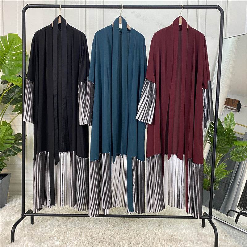 Pleated Hem Robe Women Arabian Long Cardigan - Mubimart