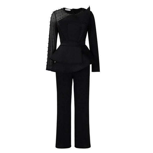 Long Sleeve Mesh Splicing Beads Banquet Plus Size Jumpsuit - Mubimart