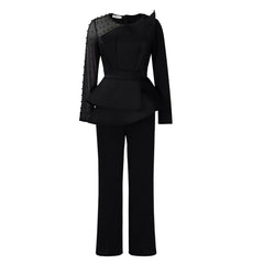 Long Sleeve Mesh Splicing Beads Banquet Plus Size Jumpsuit - Mubimart -  