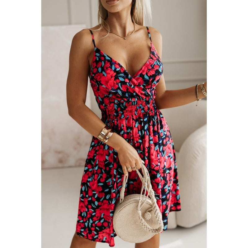 Fashion Flowers Print Suspender Dress Summer V-Neck Pleated Short Dresses For Beach Womens Clothing - Mubimart -  