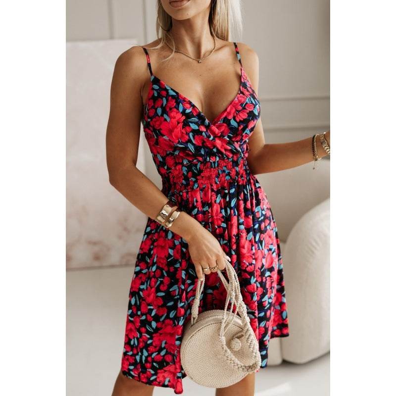 Fashion Flowers Print Suspender Dress Summer V-Neck Pleated Short Dresses For Beach Womens Clothing - Mubimart