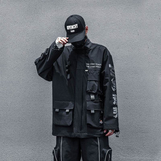 Mens Hooded Dark Functional Wind Letter Reflective Top Coat - Mubimart