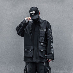 Mens Hooded Dark Functional Wind Letter Reflective Top Coat