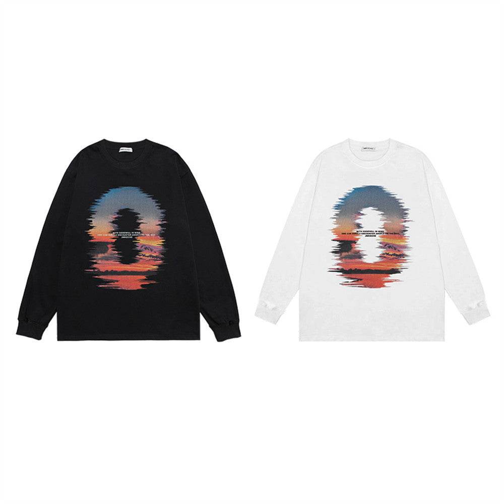 Sunset Reflection Printed Loose Sweatshirt Men - Mubimart