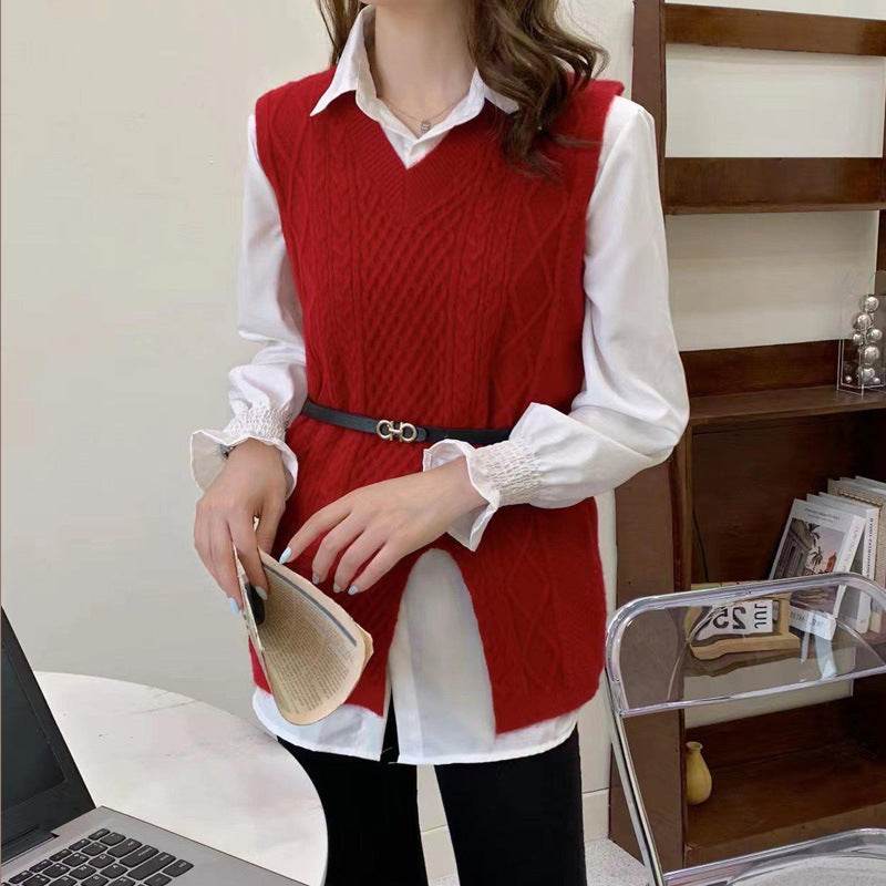 Wool Vest Knitted Vest Sweater Two-piece Set - Mubimart