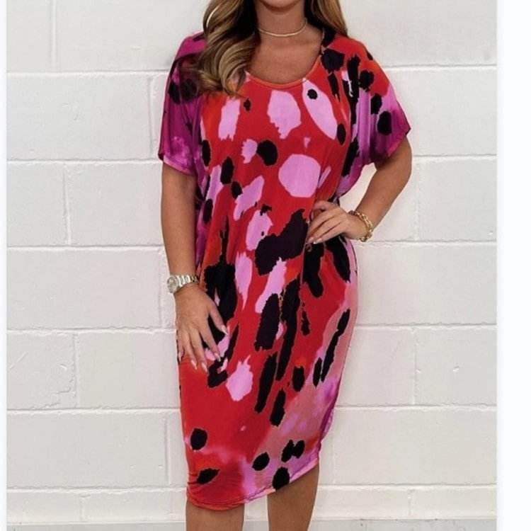 Plus Size Women's Printed Casual Short Sleeve Dress - Mubimart