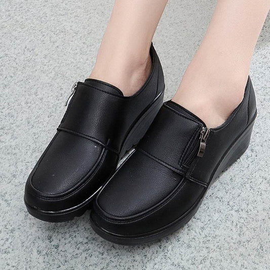 Spring And Autumn Mid Heel Soft Bottom Wedge Black Work Shoes - Mubimart