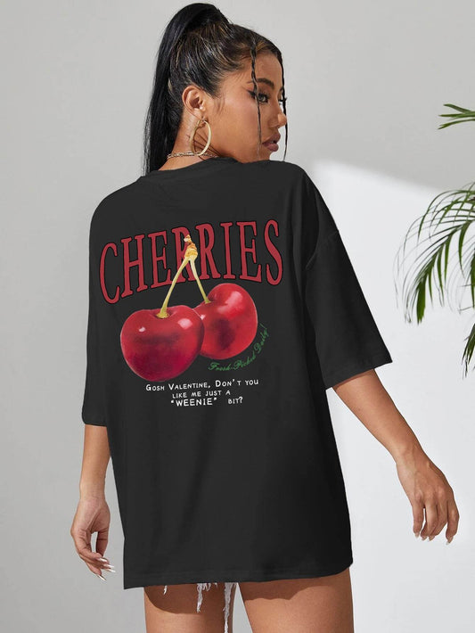 Cotton Women T-shirt Red Cherries Printed Tees Summer - Mubimart