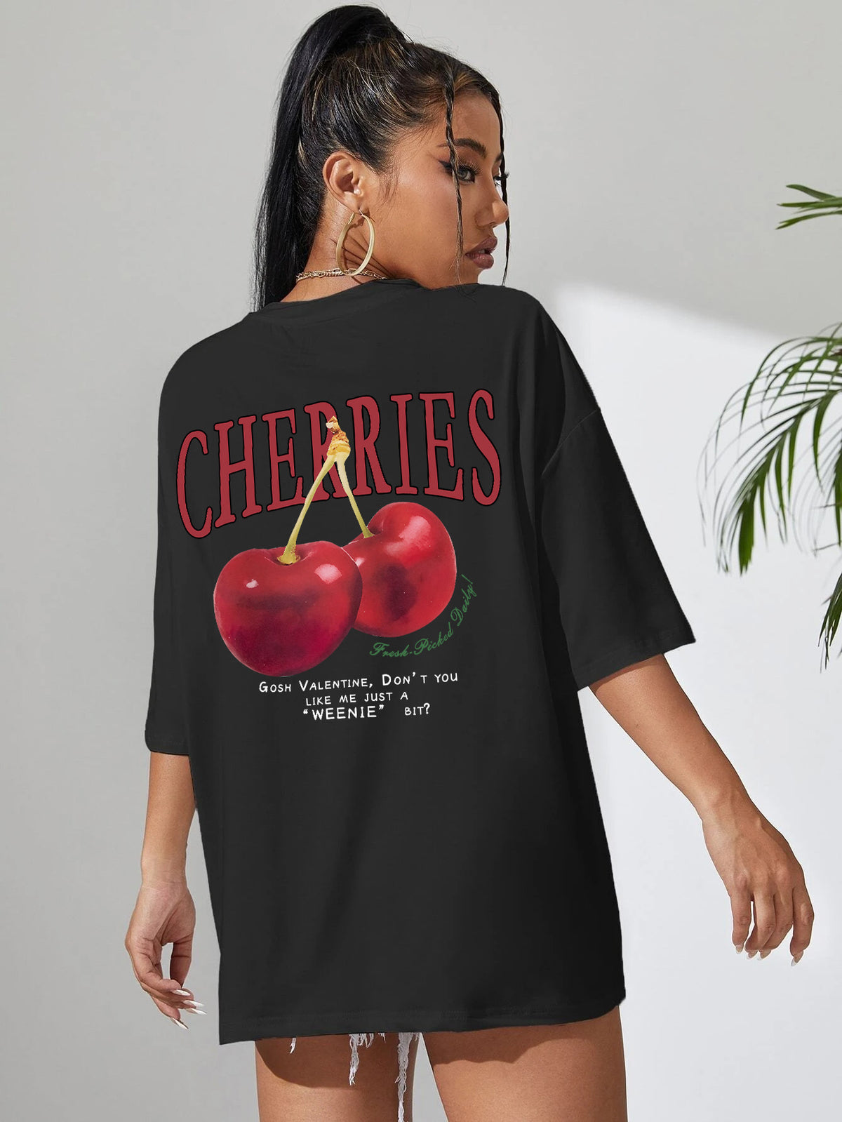 Cotton Women T-shirt Red Cherries Printed Tees Summer - Mubimart -  