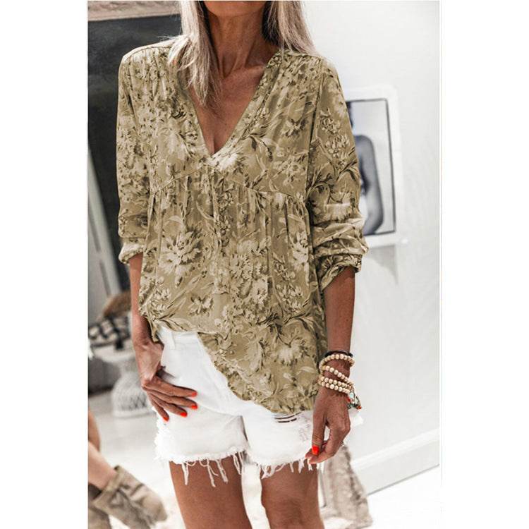 New Style Blouse Women Printing V-Neck Long-Sleeved T-Shirt Women - Mubimart