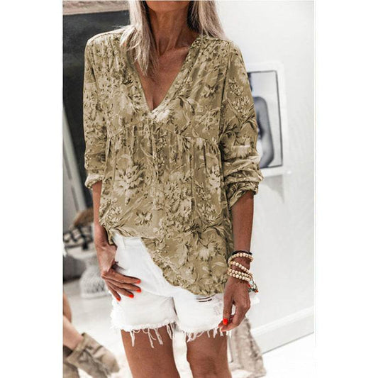 New Style Blouse Women Printing V-Neck Long-Sleeved T-Shirt Women - Mubimart