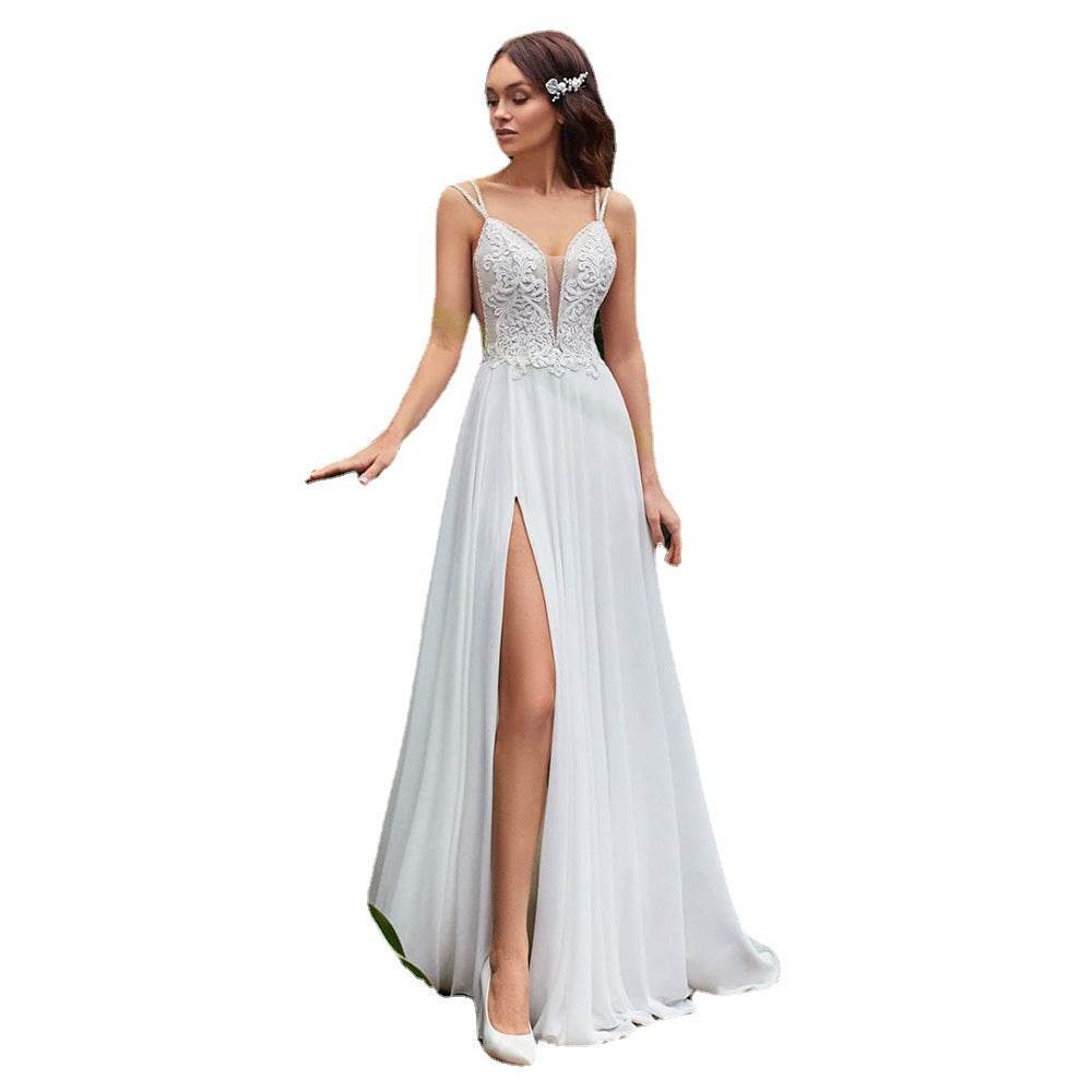 Sexy Side Slit A-Line Wedding Dresses Boho Beading Spaghetti Straps Sleeveless Lace Appliques Backless Chiffon Bridal Dresses - Mubimart
