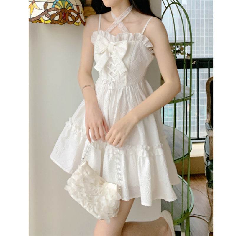 Women's A-Line Short Slip Dress Bow Dress - Mubimart