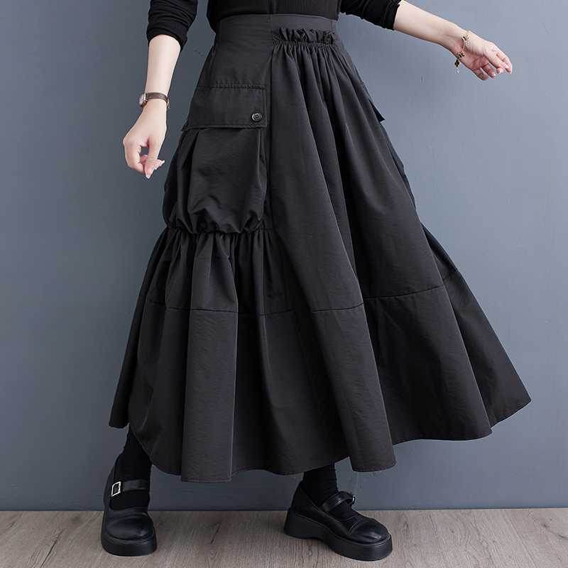 Loose Slimming Workwear Large Pocket Large Hem High Waist Pleated Skirt - Mubimart