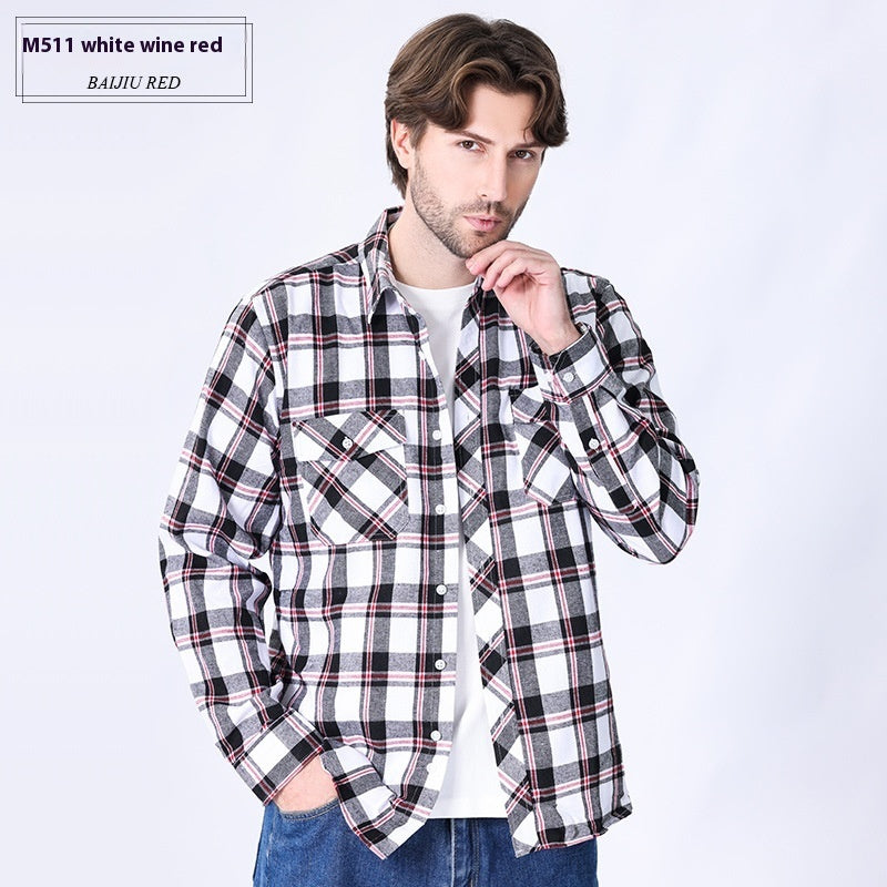 Vintage Flannel Men's Long Sleeve Brushed Plaid Shirt Coat