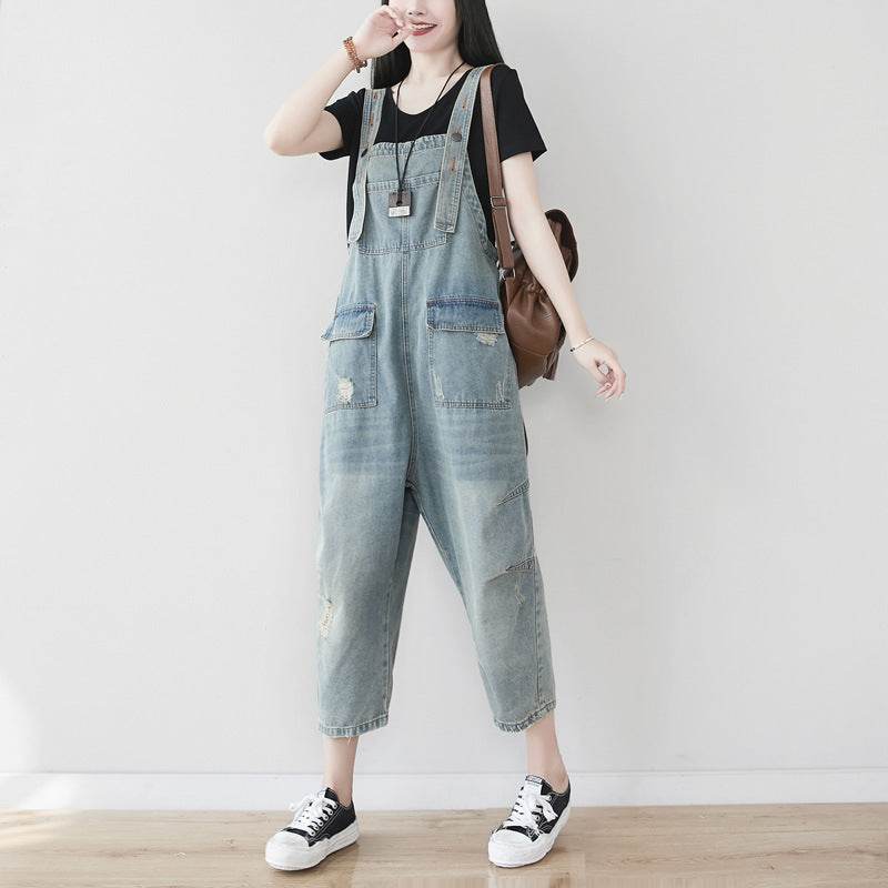 Women's Plus Size Retro Denim Harem Jumpsuit - Mubimart