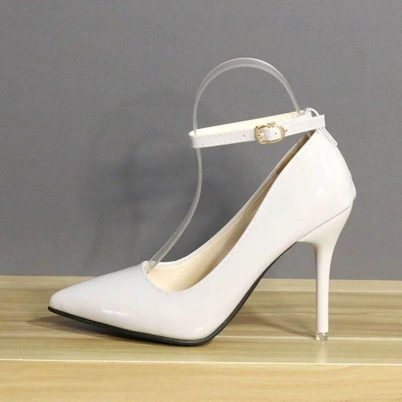 Plus Size One Word Buckle High Heels Female Patent Leather Stilettos - Mubimart