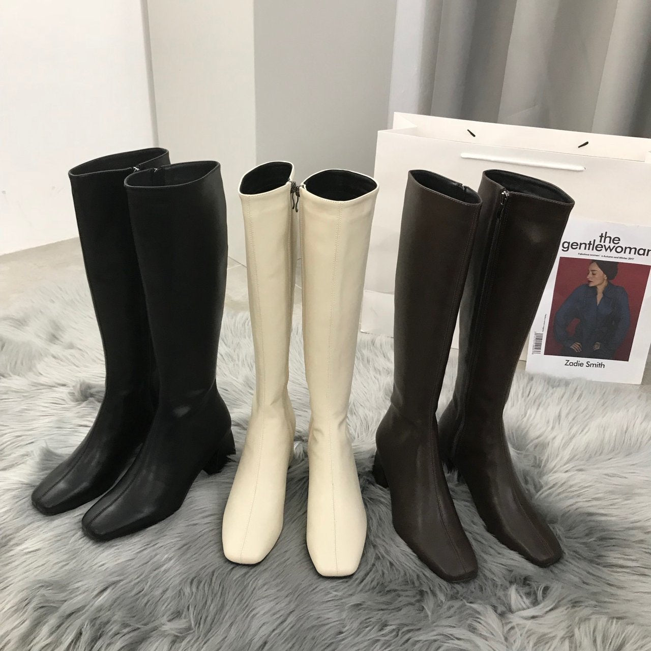 But Women's Knee Side Zipper Square Toe Boots