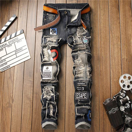 Ripped Jeans Men's Badge Patch Jeans - Mubimart