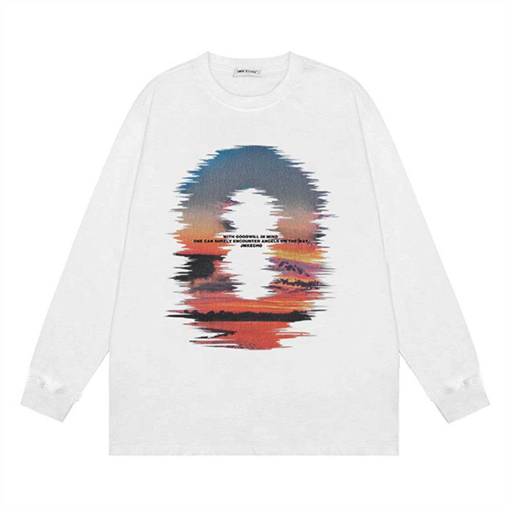 Sunset Reflection Printed Loose Sweatshirt Men - Mubimart