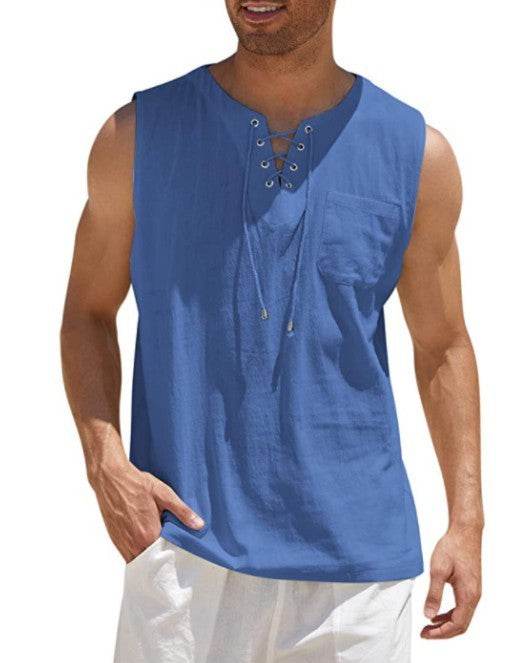 Summer Tank Vest Men Shirt Collar Tie Short Sleeve T-Shirt - Mubimart