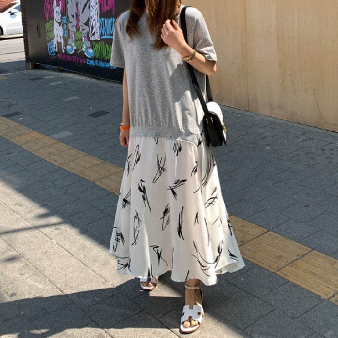 Summer Casual Plus Size Female Stitching Printing Dress - Mubimart