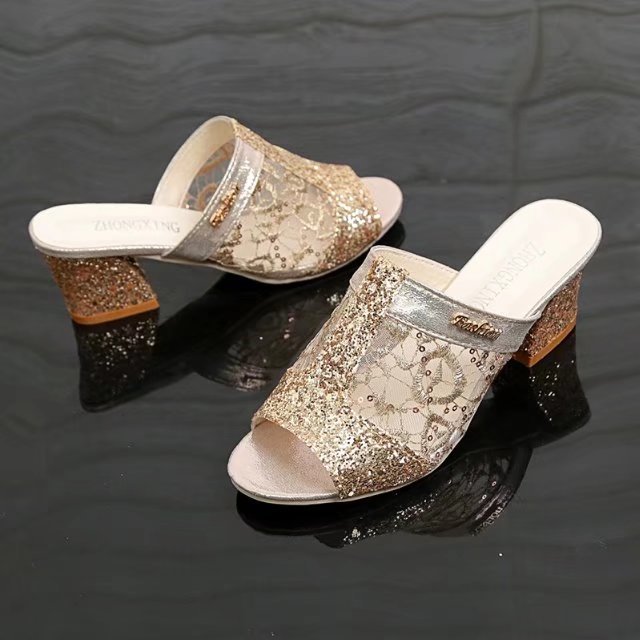 Mules Heeled Sandals Mules Sparkly Sequin Chunky Heel Peep-toe Lace Shoes Daily Party