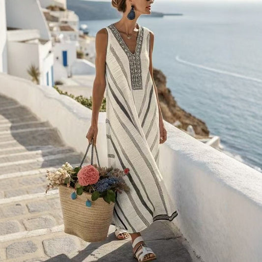 Printed Vacation-Style V-Neck Striped Sleeveless Dress