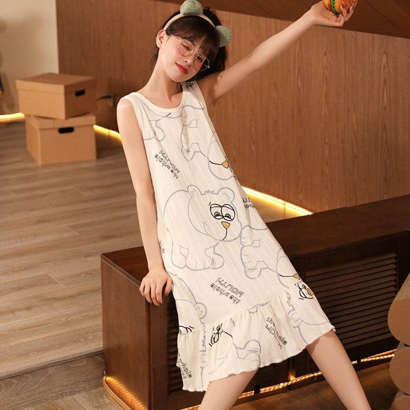 Women's Fashion Simple Cotton Halter Top Pajama Skirt - Mubimart