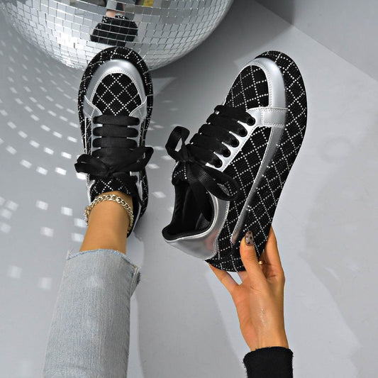 Fashion Rhinestone Flats Shoes Versatile Thick-soled Lace-up Casual Shoes Women's Sneakers - Mubimart
