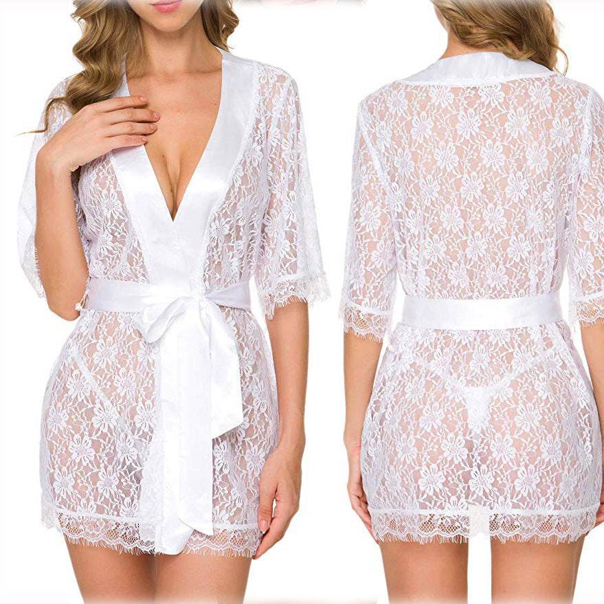 Lingerie Women Lace Hollow-out Robe Suits Pajamas - Mubimart
