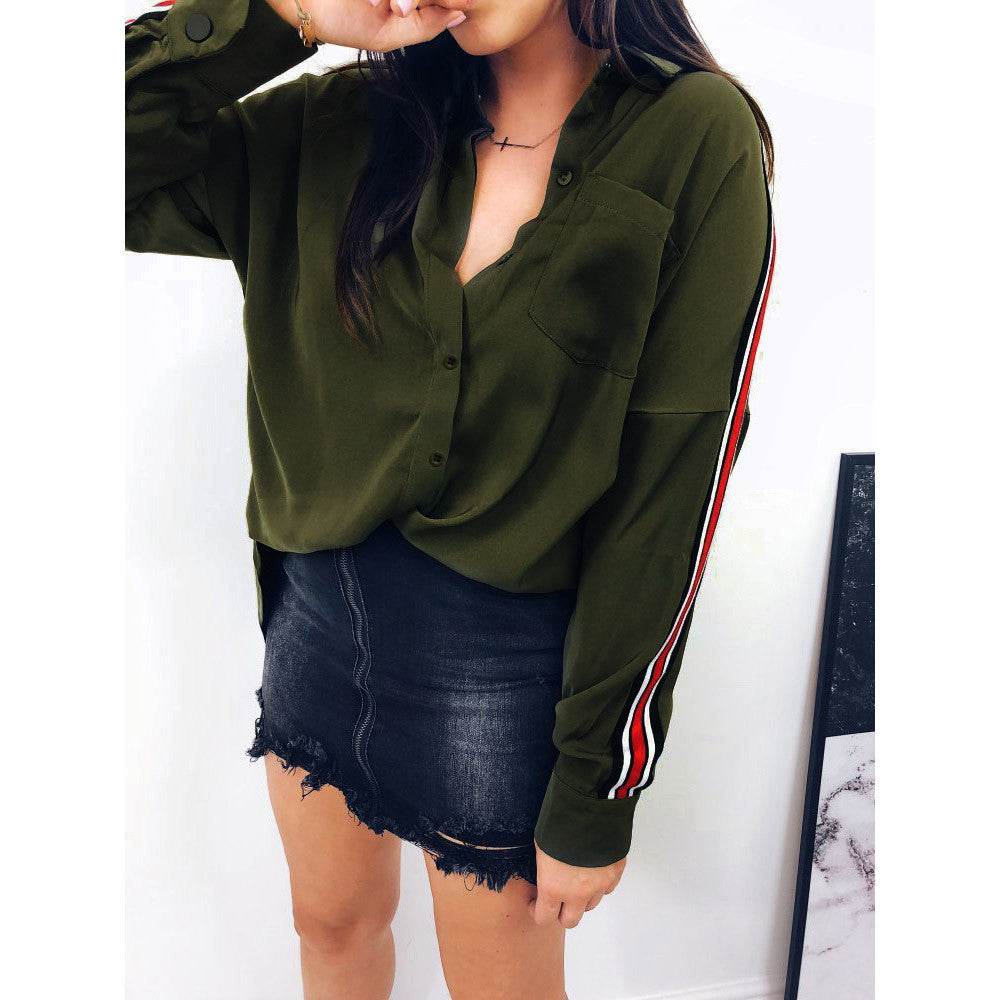 Blouse Women Casual White Stripe Long Sleeve Botton Shirt - Mubimart